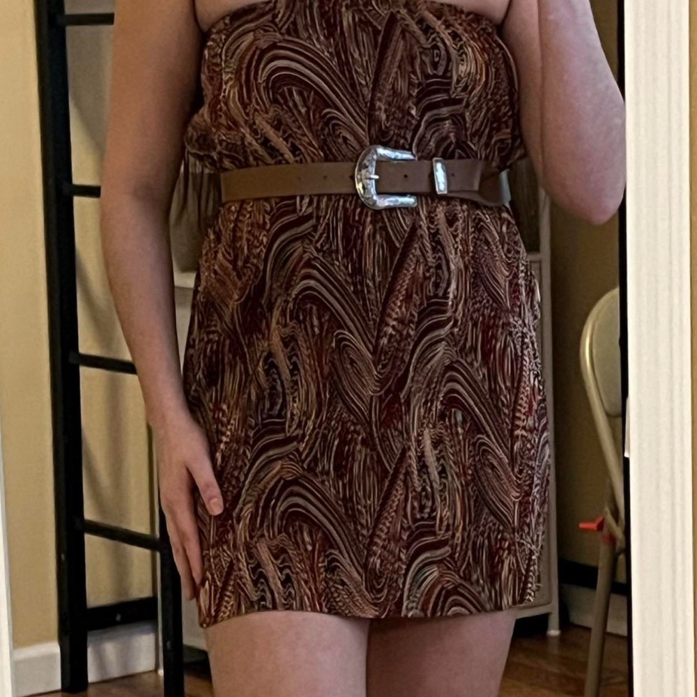 Brown Patterned Strapless Dress